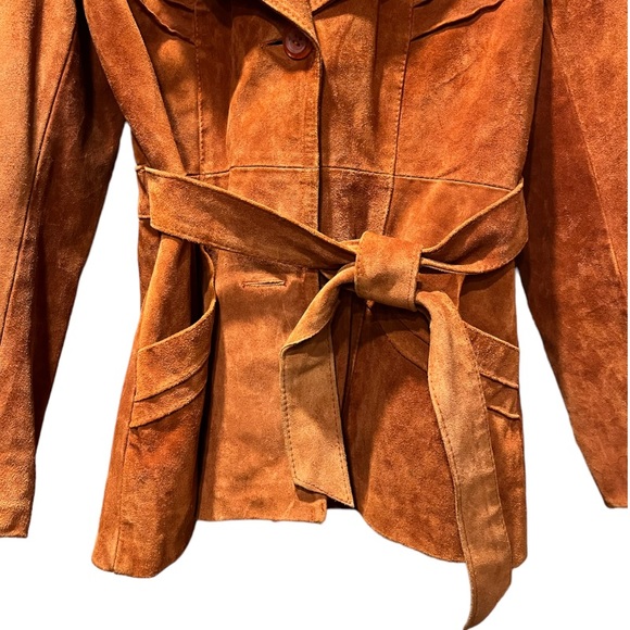 Vintage Suede Leather Jacket Burnt Orange Belted Suede Coat Size Medium 13/14 - Picture 5 of 17